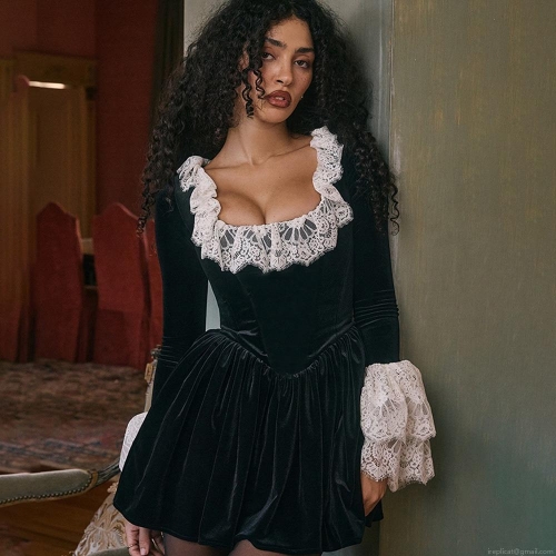 Women Sexy Black Velvet Mini Dress With White Lace Trim Square Neck Flare Sleeve High Waist Vintage Evening Party Dress