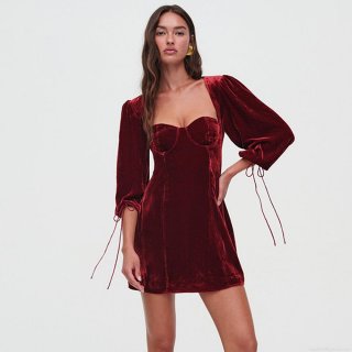 Sexy Velvet Backless Bodycon Mini Dress For Women Square Neck Lantern Sleeve Lace-up Cuffs Solid Color Party Club Night Out Evening Outfits