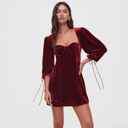 Sexy Velvet Backless Bodycon Mini Dress For Women Square Neck Lantern Sleeve Lace-up Cuffs Solid Color Party Club Night Out Evening Outfits
