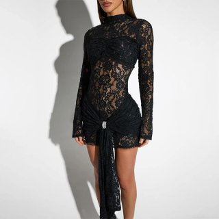 Women Sexy Black Ruched Lace Mini Dress See-through Long Sleeve Bodycon Dress With Rhinestone Buckle Streamer Party Clubwear Slim Fit Evening Dress