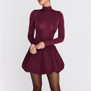 Elegant Wine Red Mock Neck Long Sleeve Mini Dress For Women Sexy Slim Fit High Waist Pleated A-Line Bodycon Cocktail Party Dresses