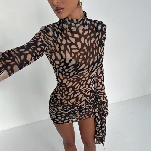 Sexy Leopard Print Sheer Mesh Mini Dress Women's High Neck Long Sleeve Bodycon Ruched Tie-Up Slim Fit Party Clubwear Dress