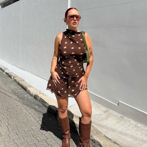 Sexy Polka Dot Mini Dress Women's Sleeveless Ruched Chiffon Bodycon Party Dress High Waist Asymmetrical Ruffle Summer Streetwear For Ladies