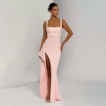 Women's Sexy Square Neck Sleeveless High Slit Evening Gown Dress Elegant Ruched Backless Slim Fit Solid Color Maxi Dress for Wedding Banquet Formal