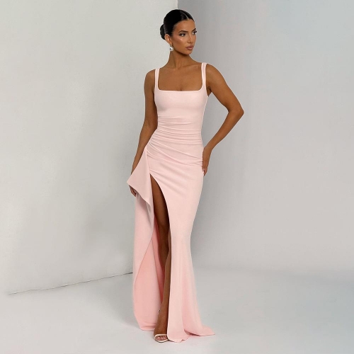 Women's Sexy Square Neck Sleeveless High Slit Evening Gown Dress Elegant Ruched Backless Slim Fit Solid Color Maxi Dress for Wedding Banquet Formal