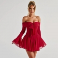 Women Sexy Off-the-Shoulder Flare Sleeve Dress Polyester Cotton Blend High Waist A-Line Mini Dress With Bowknot Decor For Party Club Streetwear