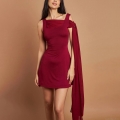 Sexy Women Burgundy Square Neck Sleeveless Mini Dress With Chiffon Sash Pleated Backless Bodycon Party Club Short Dress