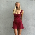 Women Sexy Wine Red Polka Dot Chiffon Mini Dress Backless Lace-up V-Neck High Waist Summer Sleeveless A-Line Dresses for Party Club Vacation