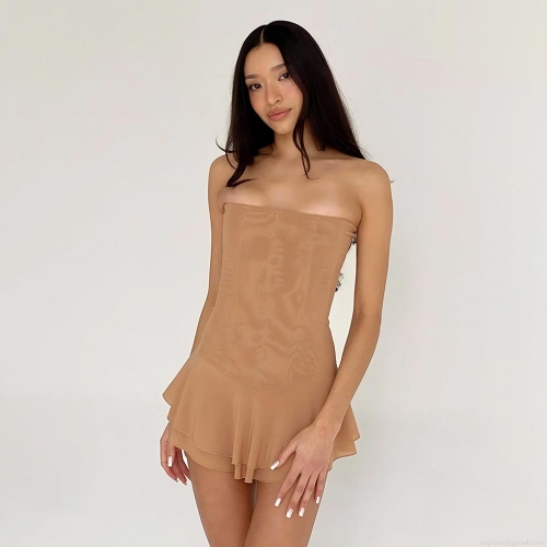 Women's Sexy Strapless Mini Dress Polyester Mesh Patchwork Backless Bodycon Dress With Bone Support Ruffle Hem Party Clubwear Night Out Sundress