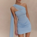 Women's Sexy One Shoulder Ruched Mini Dress With Mesh Streamer Sleeveless Bodycon Short Dress Summer Club Party Cocktail Solid Color Outfit
