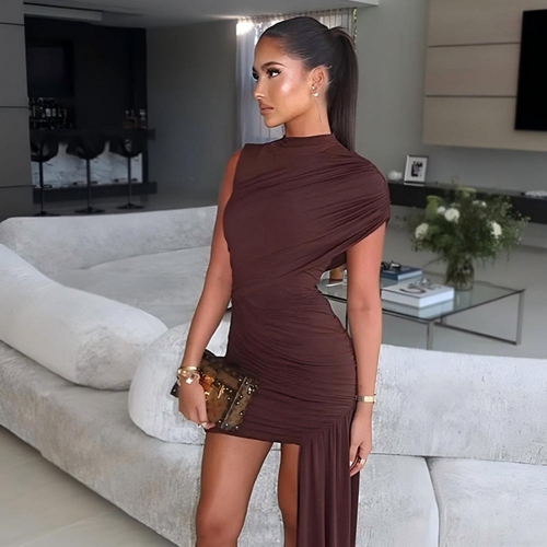 Women's Sexy Asymmetric Ruched Bodycon Mini Dress Sleeveless One Shoulder Draped Ribbon Milk Silk Polyester Dress For Party Evening Clubwear Summer Outfits