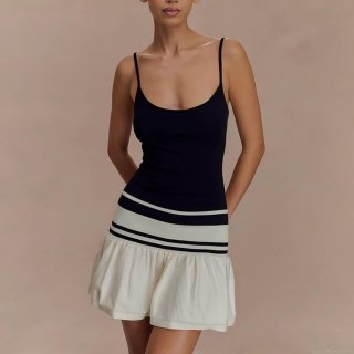Sexy Women's Mini Bodycon Dress Camisole Backless Color Block Striped Patchwork Ribbed Knit Sundress Ruffled Hem Party Clubwear Summer Streetwear