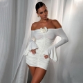 Women Sexy Off Shoulder Ruched Bodycon Mini Dress Long Flared Sleeve 3D Flower Decor Polyester Slim Fit Party Clubwear Nightout Dress