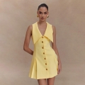 Women's Sleeveless Lapel A-Line Mini Dress Elegant High Waisted Contrast Color Single Breasted Button Pleated Short Dress Summer Fashion Streetwear