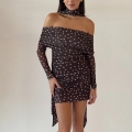 Women's Sexy Polka Dot Mesh Bodycon Mini Dress With Matching Scarf Off-Shoulder Backless Long Sleeve Polyester Spandex Slim Fit Party Club Dress