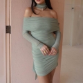 Women Sexy Ruched Mesh Bodycon Mini Dress Off-Shoulder Long Sleeve Backless Solid Color Club Party Dress With Matching Scarf Choker