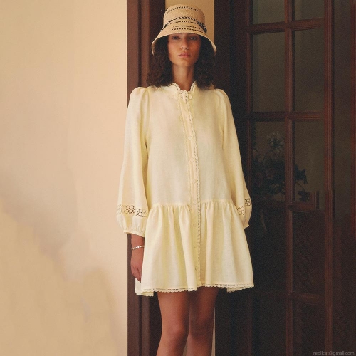 Women Sexy Slim Fit Mini Dress Long Puff Sleeve Lace Trim Ruffle Hem Single Breasted Button Up French Style Cotton Blend A-Line Short Dress for Party Vacation