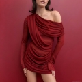 Women Sexy One Shoulder Pleated Mesh Mini Dress Solid Color Long Sleeve Ruched Bodycon Party Clubwear Dress Evening Short Skirt