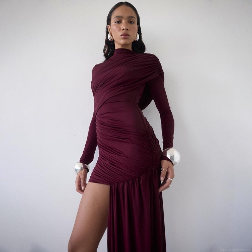 Women's Sexy Ruched Bodycon Dress Long Sleeve Round Neck Asymmetric Hem Ribbon Slim Fit Polyester Milk Silk Party Club Streetwear Mini Dress