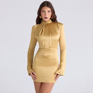 Women Sexy Golden Satin Mini Dress Mock Neck Long Sleeve Pleated Bodycon Slim Fit Short Gown For Party Club Evening Fashion Hot Girl Dress