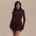 Women's Sexy Bodycon Mini Dress Long Sleeve Round Neck Ruched Pleated Tight Fit Milk Silk Polyester Spandex Skinny Dress For Party Club Outfits