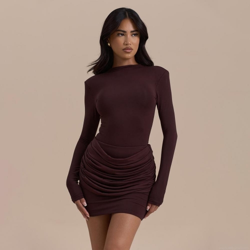 Women's Sexy Bodycon Mini Dress Long Sleeve Round Neck Ruched Pleated Tight Fit Milk Silk Polyester Spandex Skinny Dress For Party Club Outfits