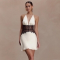 Women's Sexy Halter Neck Backless Satin Mini Dress With Black Lace Patchwork Deep V-Neck Slim Fit Bodycon Short Dress For Summer Party Beach Clubwear