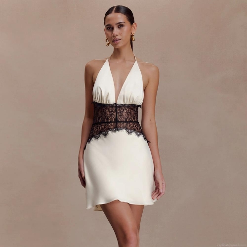 Women's Sexy Halter Neck Backless Satin Mini Dress With Black Lace Patchwork Deep V-Neck Slim Fit Bodycon Short Dress For Summer Party Beach Clubwear