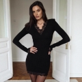 Women Sexy V Neck Long Sleeve Bodycon Mini Dress With Lace Stitching Elegant Polyester Milk Silk Solid Black Short Dress For Club Party Date