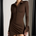 Women's Sexy Polo Neck Long Sleeve Ruched Bodycon Mini Dress Button Down Asymmetrical Hem Milk Silk Wrap Outfits For Club Party