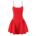 Sexy Red Camisole Mini Dress Backless Slim Fit Puffy Skater Dress For Women Party Club Evening Banquet Polyester Spandex Elegant Western Style