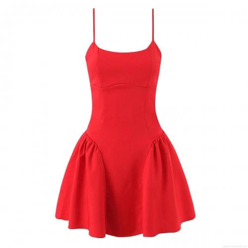 Sexy Red Camisole Mini Dress Backless Slim Fit Puffy Skater Dress For Women Party Club Evening Banquet Polyester Spandex Elegant Western Style