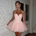 Women Halter Bow Mesh Mini Dress Backless Corset Style Puffy Tutu Dress Sweet Princess Party Sleeveless Dress Elegant Banquet Short Sundress