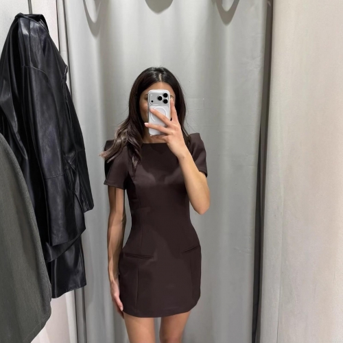 Sexy Slim Fit Mini Dress Polyester Bubble Short Sleeve A-Line Short Skirt With Back Zipper And Mock Pockets For Women Party Chic Daily Wear
