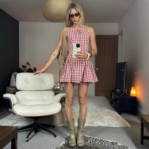 Women's Gingham Mini Dress Cotton Blend Sleeveless Square Neck Bow Tie Waist A-Line Pastoral Style Dress for Summer Vacation Daily Wear