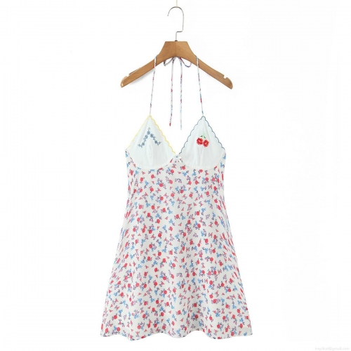 Halter Neck Floral Mini Dress Polyester Blend With Cherry Embroidery Backless Adjustable Tie For Summer Party Sweet Girly Style Women Clothing