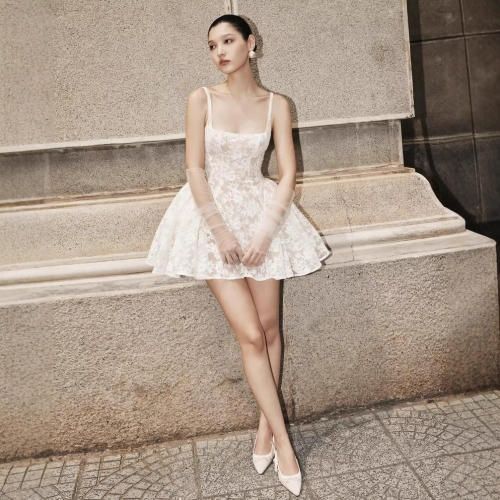 Elegant Women Lace Camisole Dress Sleeveless A-line Mini Puffy Skirt With Mesh Lining Nylon Spandex Floral Pattern Sexy Pure Desire Style Cocktail Party Wedding Dresses For Women