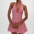 Women Sexy Halter Neck Deep V Gingham Dress Ruffle Hem Backless Slim Waist A-Line Mini Dress Summer Beach Vacation Checkered Sundress