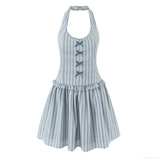 French Style Blue Striped Halter Mini Dress For Women Summer Backless Bodycon Party Dress With Bows And Ruffle Hem Slim Fit Cotton Blend Polyester Vacation Sundress