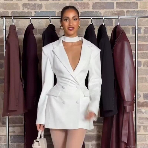 Elegant Women Double Breasted Blazer Dress Sexy Deep V Neck Long Sleeve Cinched Waist Polyester Mini Suit Dress For Commute Party Office Lady