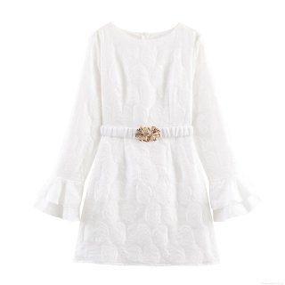 Women's Elegant Rose Texture A-Line Dress With Gold Flower Buckle Belt Long Trumpet Sleeve Round Neck White Mini Dress For Party Daily
