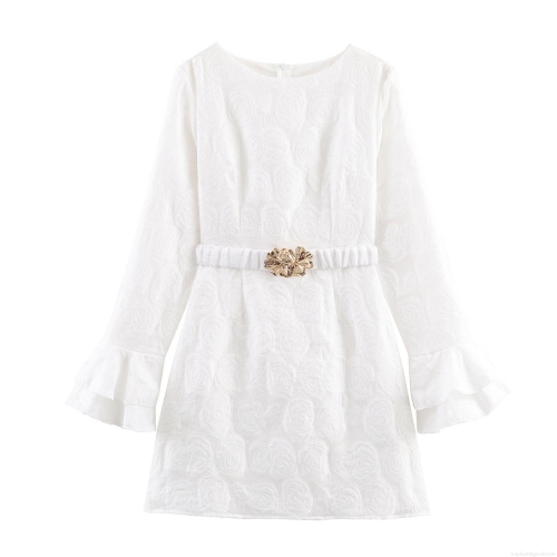 Women's Elegant Rose Texture A-Line Dress With Gold Flower Buckle Belt Long Trumpet Sleeve Round Neck White Mini Dress For Party Daily