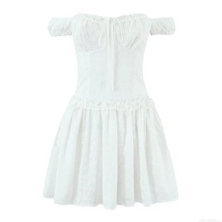 French Style Women White Cotton Eyelet Embroidery Mini Dress Sexy Corset Lace-up Ruffle Off-Shoulder Puff Sleeve Slimming A-line Party Dress
