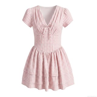 Sweet Pink Plaid V-Neck Mini Dress For Women Bubble Sleeve Bow Tie Tiered Ruffle Cotton Blend Polyester Gingham French Vintage Sexy Party Short Dress