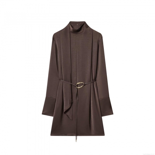 Elegant Deep Coffee Long Sleeve Satin Mini Dress with Gold Buckle Belt Stand Collar Draped Front Socialite Autumn Evening Party Wear for Women