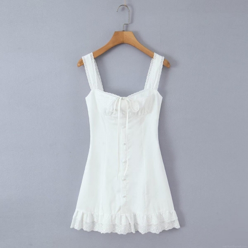 Women's Sweet Lace Trim Camisole Mini Dress Square Neck Openwork Embroidery A-Line Party Dress Backless Lace-up Fairycore Short Dress