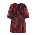 Elegant Women's Retro Jacquard Mini Dress Sexy Deep V Neck Puff Sleeve Slim Fit Floral Pattern Banquet Evening Party Dress For Lady