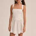 Elegant Square Neck White Cotton Mini Dress For Women Summer Backless Lace Up Corset Waist Design Pleated A-Line Cami Dress French Style Sexy Party Short Dress