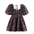 Women French Square Neck Puff Sleeve Mini Dress Jacquard Polyester Red Rose Flower Pattern Back Tie Up A-Line Sweet Princess Style Dress For Party Banquet