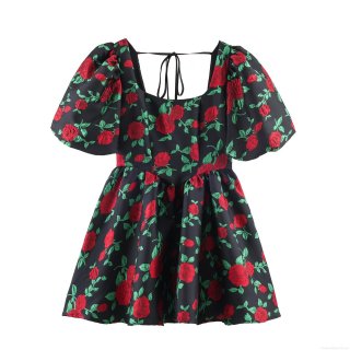 Women French Square Neck Puff Sleeve Mini Dress Jacquard Polyester Red Rose Flower Pattern Back Tie Up A-Line Sweet Princess Style Dress For Party Banquet